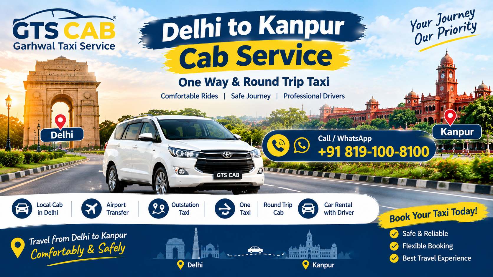 Delhi To  Kanpur Cabs Service | Upto 25% Off |Call Us GTS Cab +91 819-100-8100